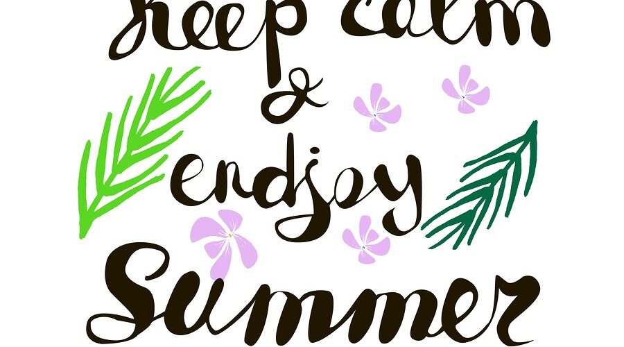Hand Written Phrase Keep Calm And Enjoy Summer. Tropical Backgro
